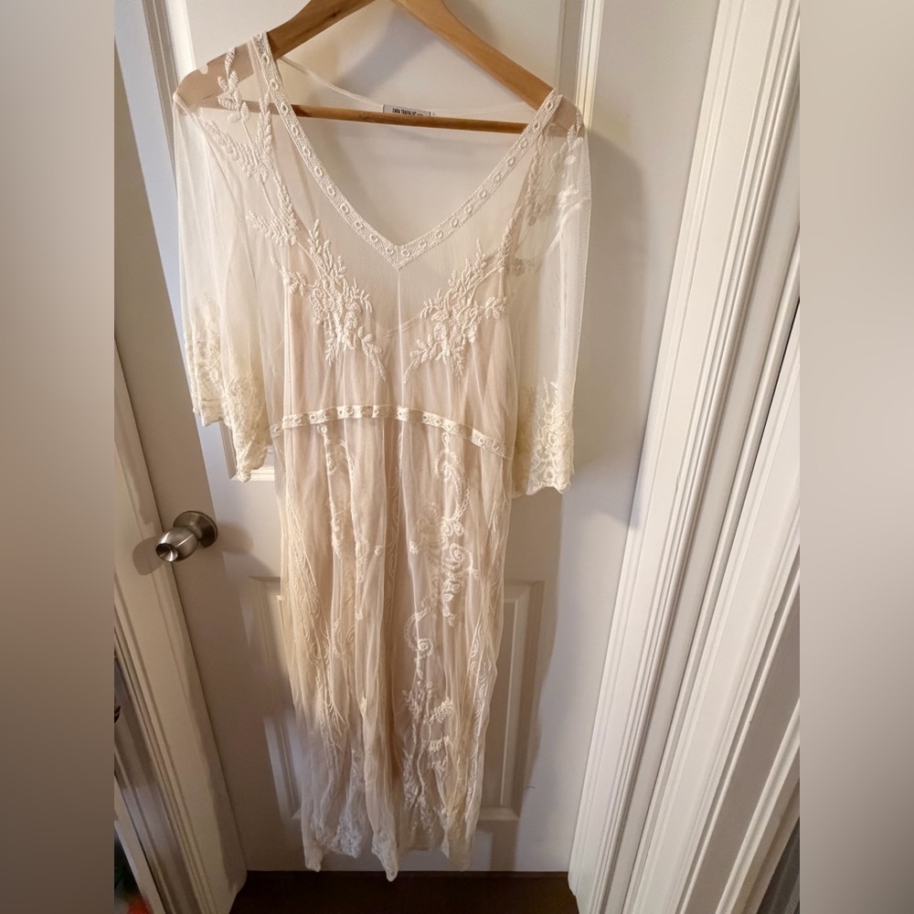 Zara Boho Cream Embroidered Maxi Dress